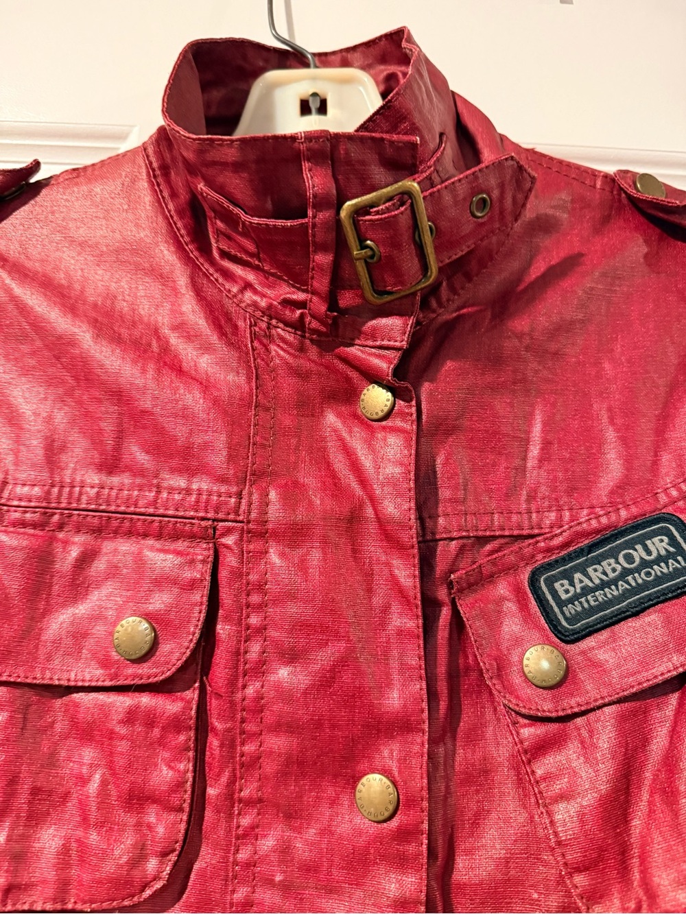 Barbour Red Belted Waxed Utility Jacket with Brass Hardware - Picture 3 of 5